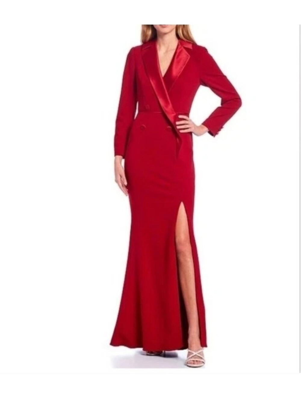 Adrianna Papell Red Crepe Tuxedo Maxi Dress Blazer Style Formal Gown